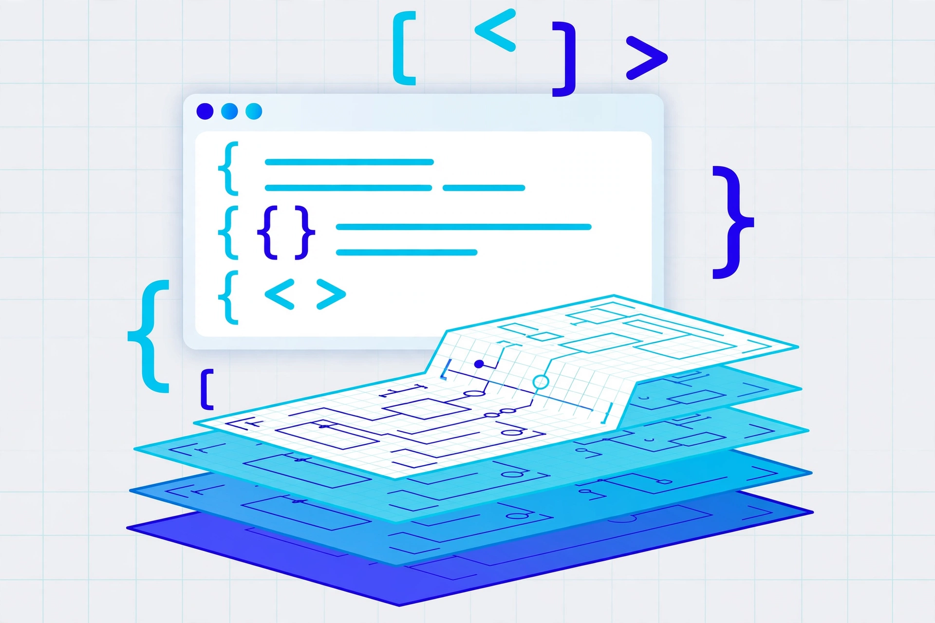 Architecture illustration — a code editor over layered blueprints